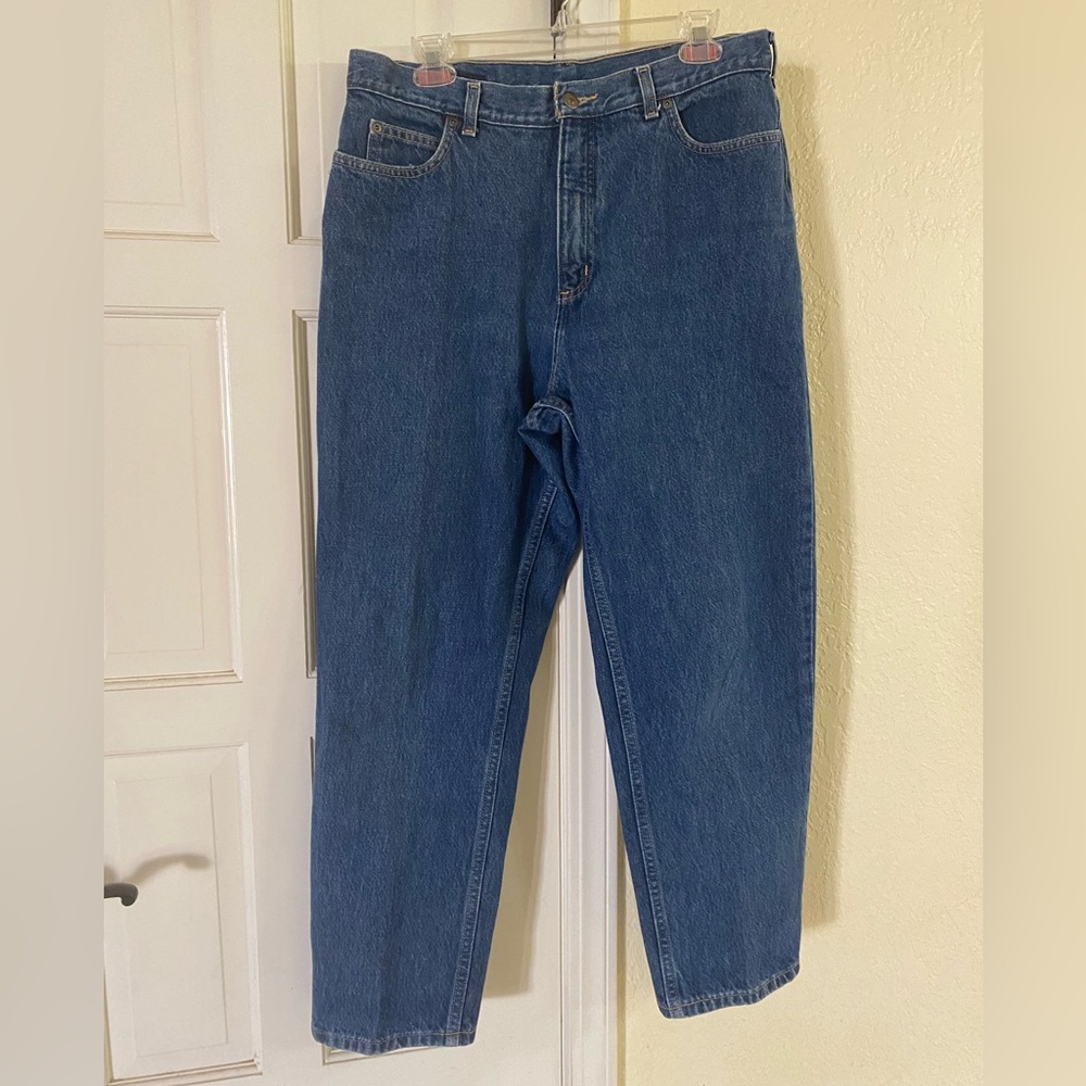 Women's Lands' End Jeans 100% Cotton High Rise Taper Leg Dark Wash Size 14P